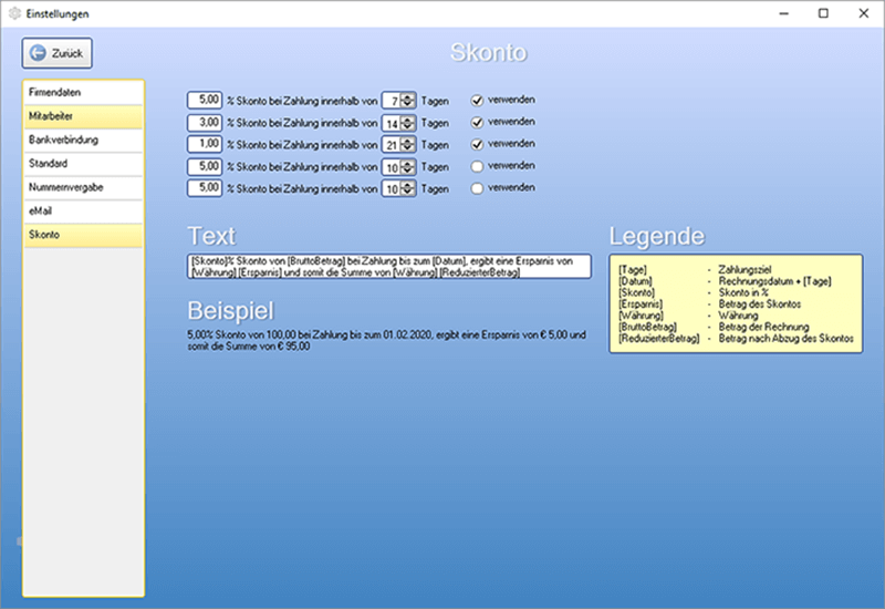 Skonto - Einstellungen