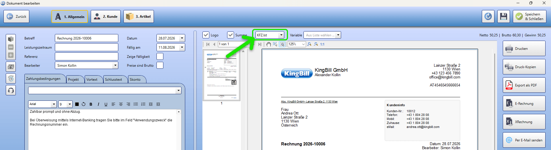 KingBill Dokumentvorschau Druckvorlage wählen