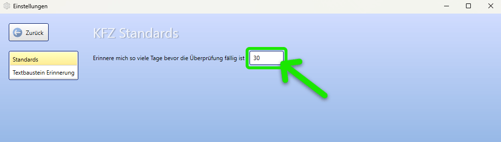 KingBill KFZ-Manager Einstellungen Standards