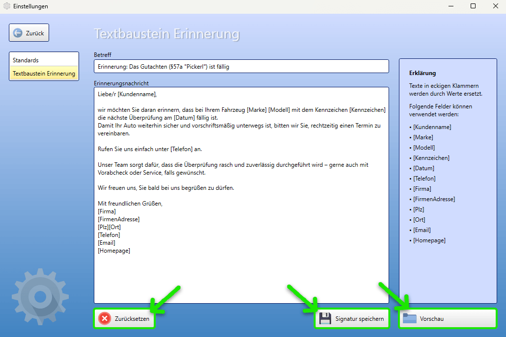 KingBill KFZ-Manager Textbaustein Erinnerung