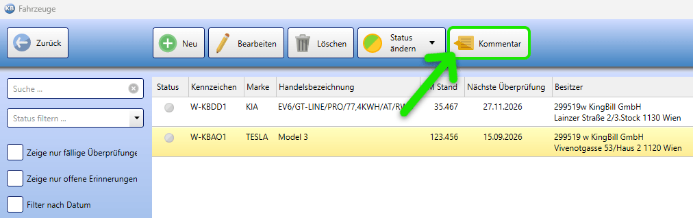 KingBill KFZ-Manager Kommentar Funktion