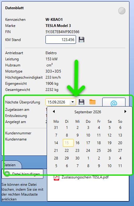 KingBill KFZ-Manager Datum der nächsten Überprüfung angeben
