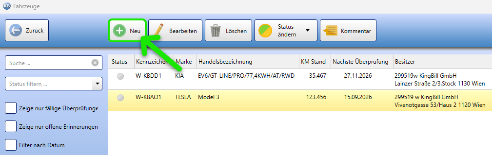 KingBill KFZ-Manager Neues Fahrzeug anlegen