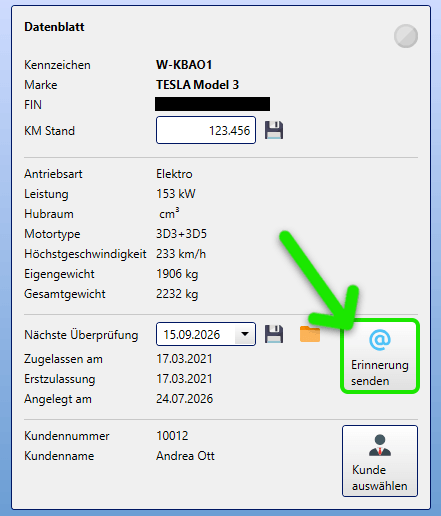 KingBill KFZ-Manager Erinnerung an den Kunden senden