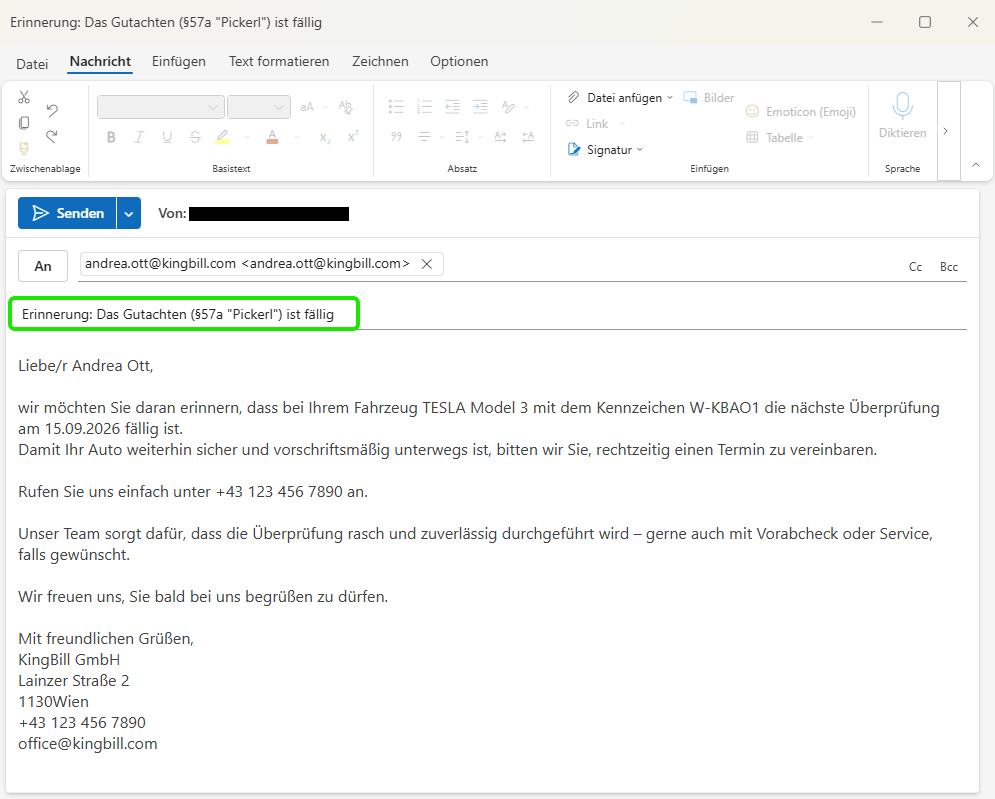 KingBill KFZ-Manager Erinnerungs-Email abschicken