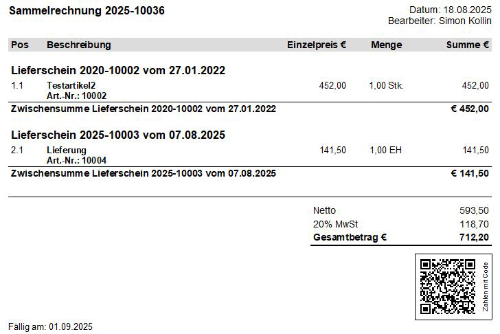 Eine Sammelrechnung könnte so aussehen
