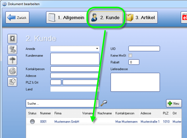 Kunde auswählen für eine Sammelrechnung