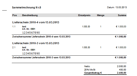 Eine Sammelrechnung könnte so aussehen