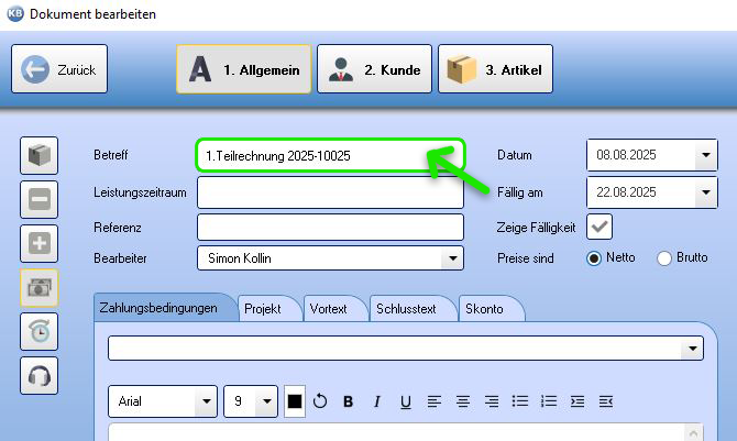 Teilrechnung Betreff ändern