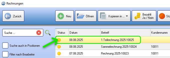 Teilrechnung Auflistung