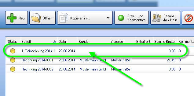 Teilrechnung Auflistung