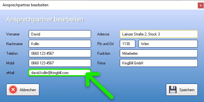 Ansprechpartner E-Mail hinzufügen