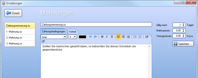 Einstellungen der Mahnungen