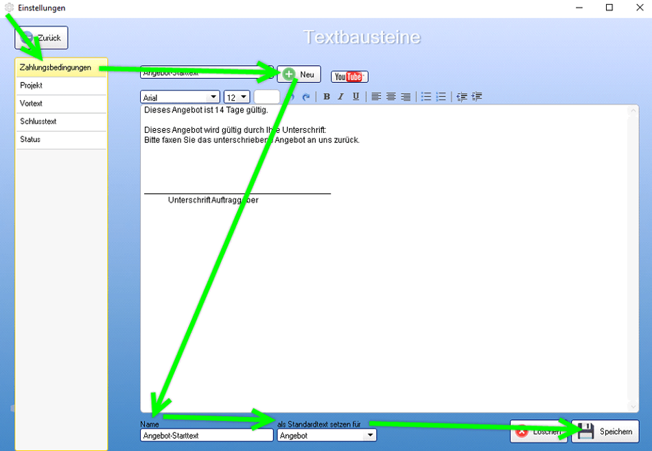 Textbaustein anlegen