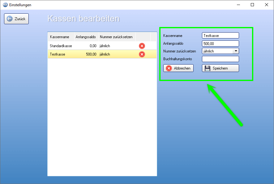 Kassen bearbeiten