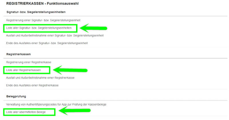 Registrierkassen Funktionsauswahl