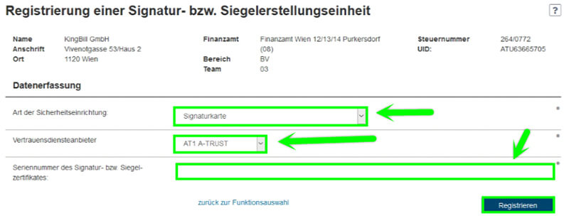 Registrierung eienr Signatur-Einheit