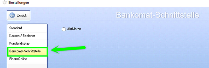 Einstellungen Bankomat-Schnittstelle