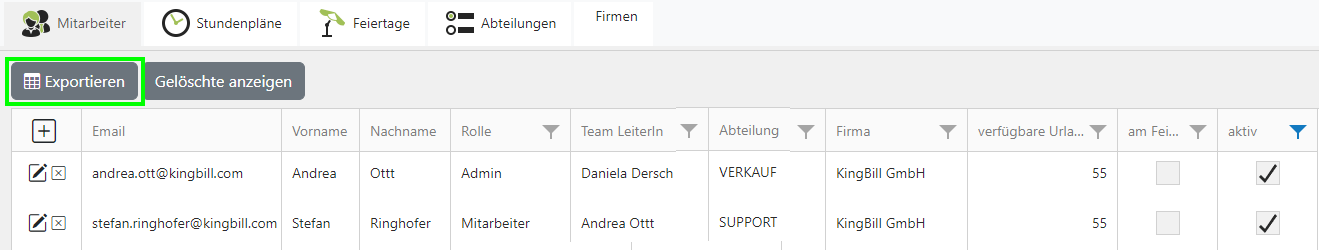Mitarbeiter Übersicht Export