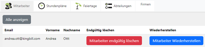 Mitarbeiter Löschen oder Wiederherstellen