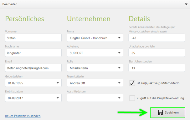 Speichern der Mitarbeiterdaten