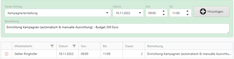 Projekteintrag buchen