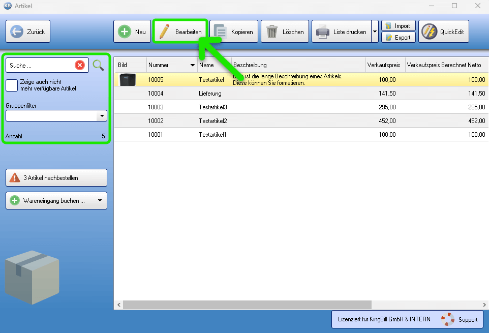 Artikel auswählen bearbeiten