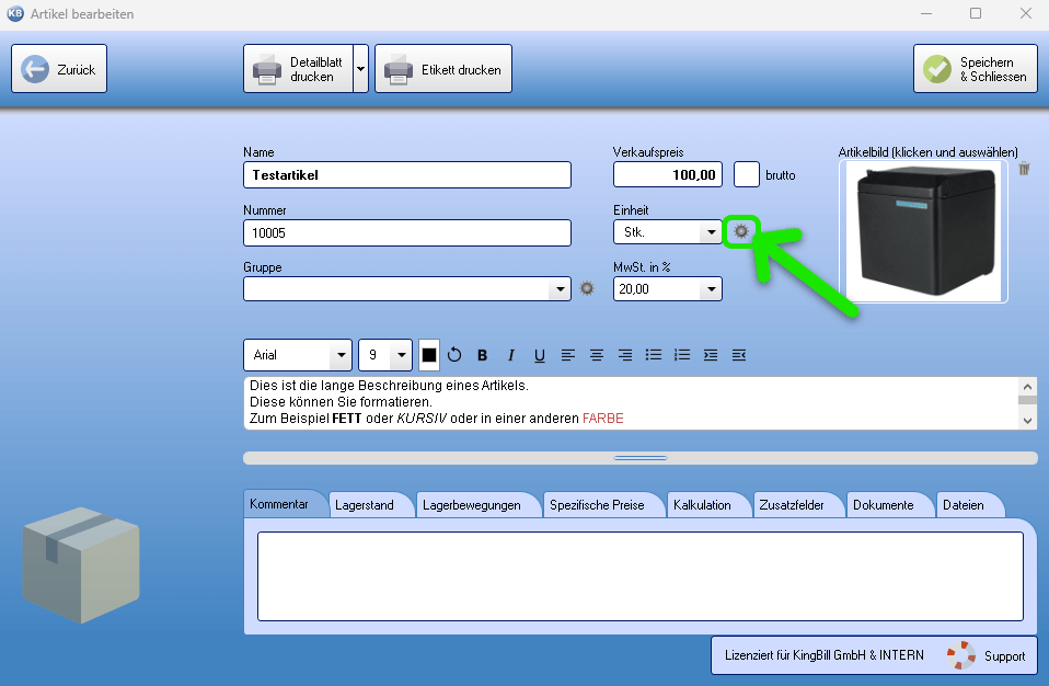 Artikel Einheiten öffnen