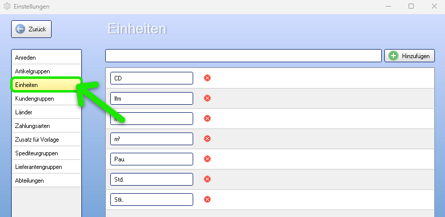 Einstellungen Einheiten Fenster