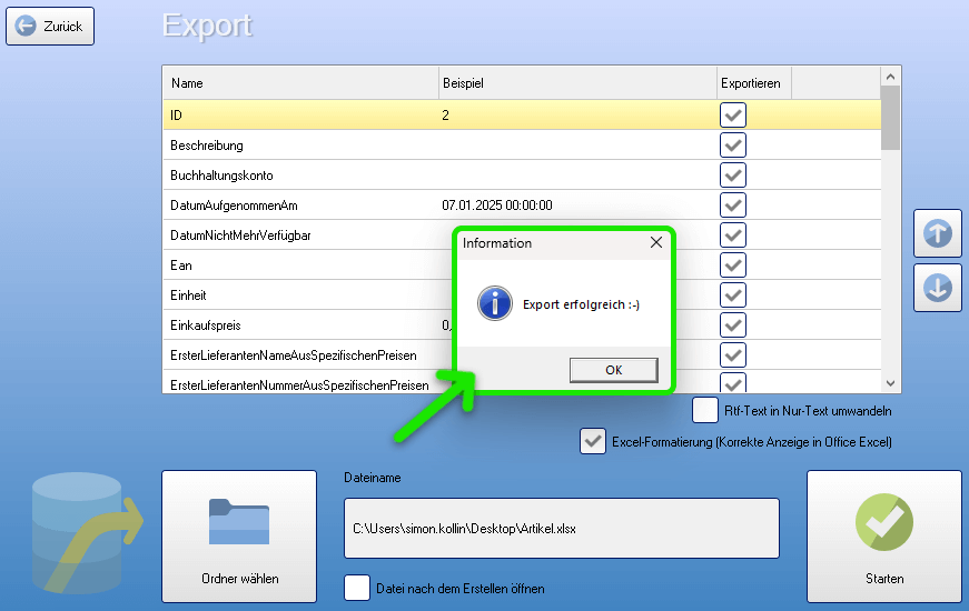 Artikel Export erfolgreich