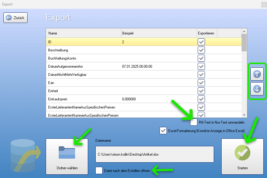 Artikel Export Fenster