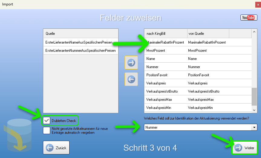 Artikeldaten importieren - Felder zuweisen