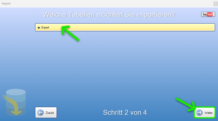 Artikeldaten importieren Tabelle auswählen