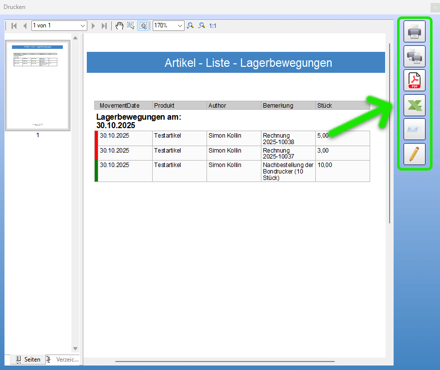 Lagerbewegungsliste drucken oder exportieren