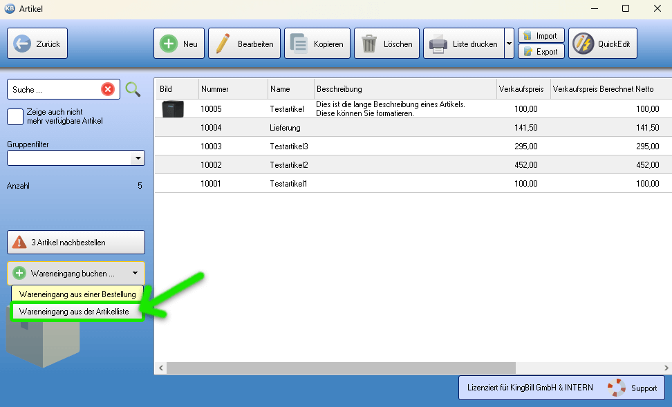 Wareneingang aus Artikelliste