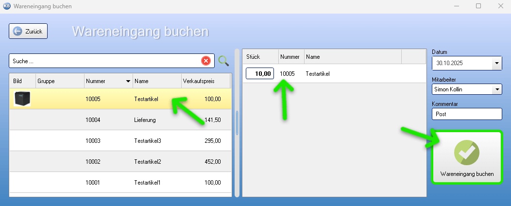 Wareneingang aus Artikelliste buchen
