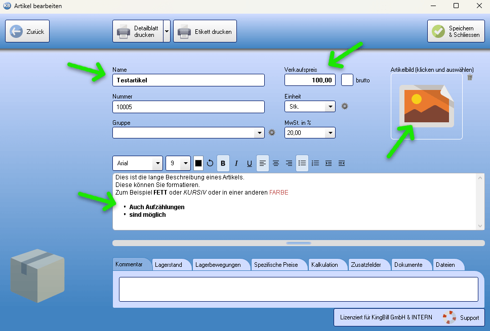 Neuen Artikel anlegen