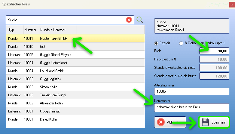 Spezifischen Preis anlegen