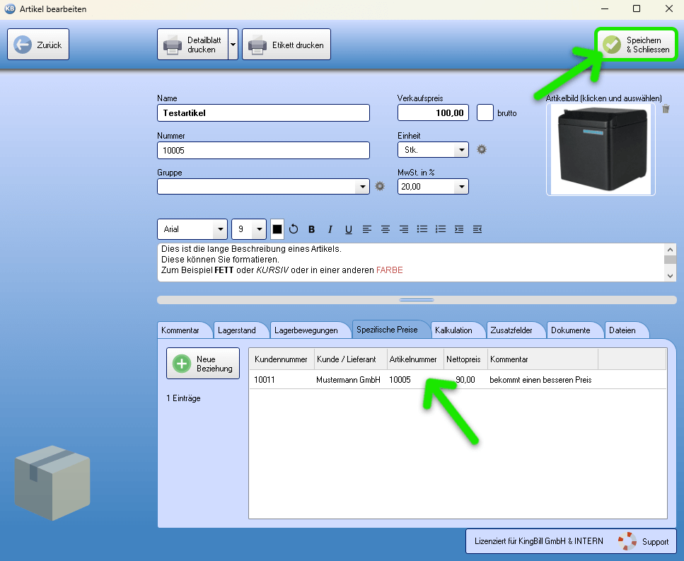 Spezifischen Preis angelegt