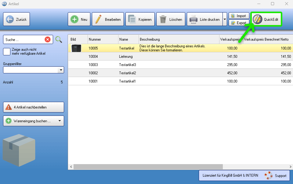 Artikelliste QuickEdit starten