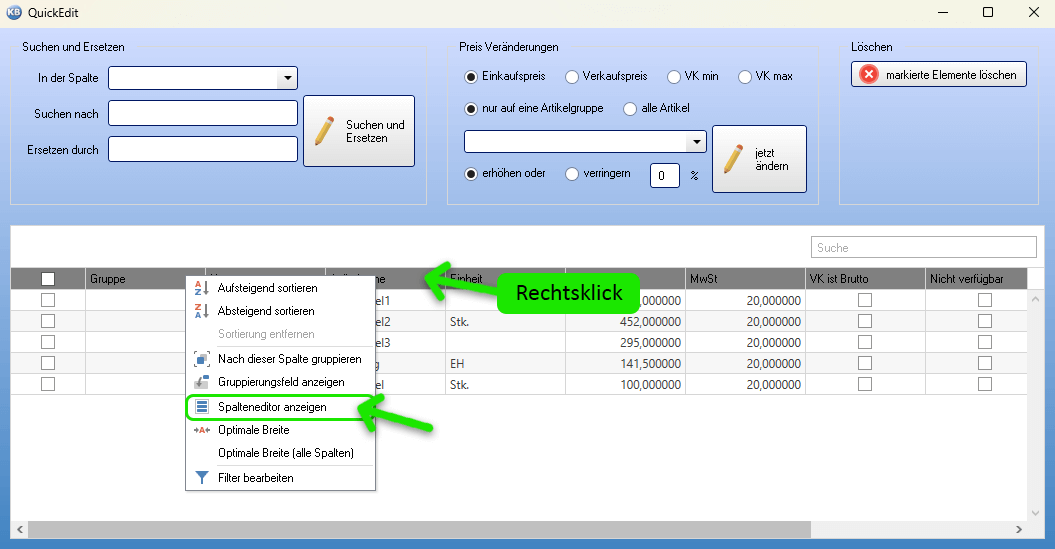 Spalten ein- und ausblenden
