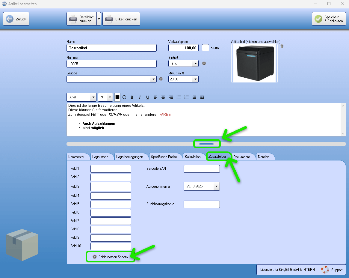 Zusatzfelder von Artikeln einbinden