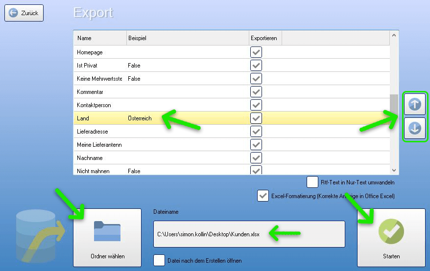 Felder für den Export auswählen