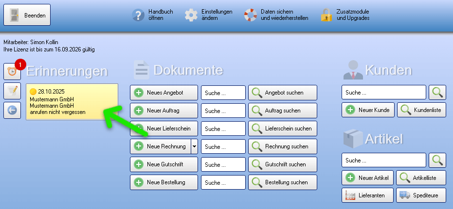 Erinnerung auf der Startmaske