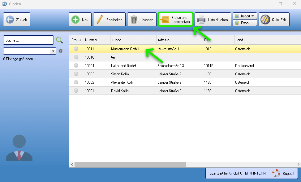 Kundenliste Status und Kommentare