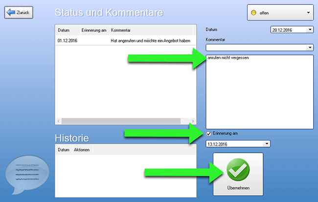 Kommentare für Kunden setzen