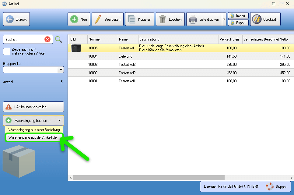 Wareneingang aus der Artikelverwaltung öffnen