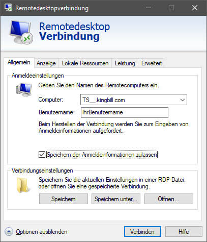 RDP Zugangsdaten eingeben