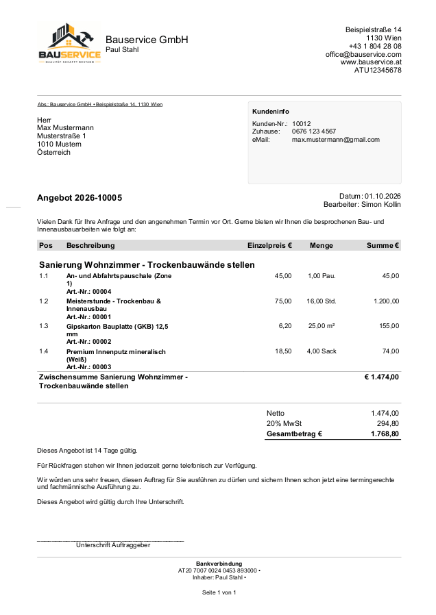 Angebot Baugewerbe erstellen