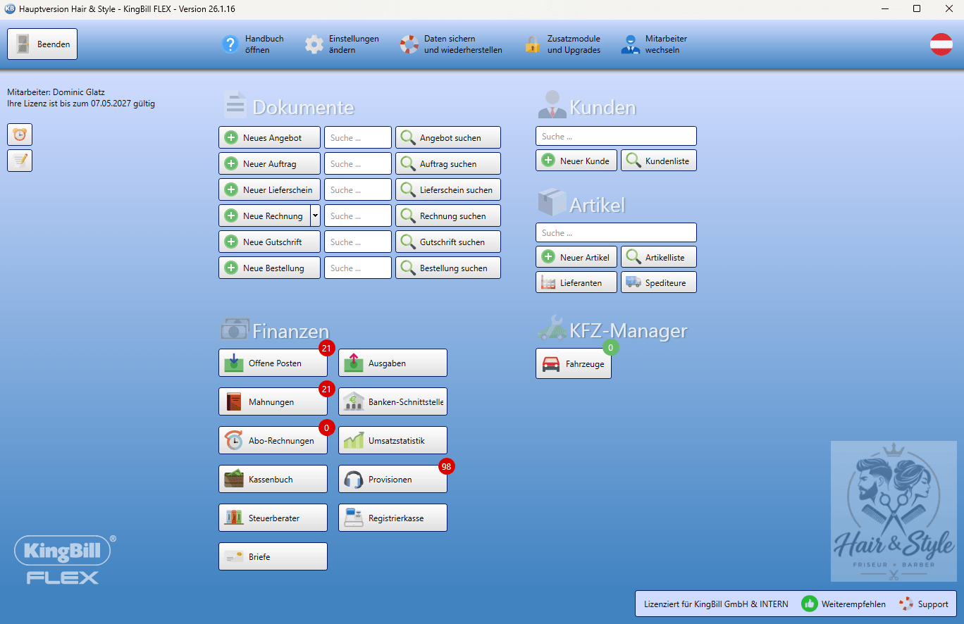 Startmaske der KingBill Kassensoftware für Friseure (Mehrere Module aktiv)